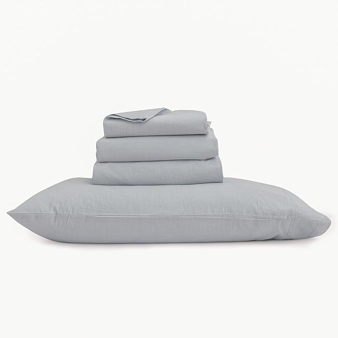BESTOUCH Sheet Set 100% Washed Cotton Linen Feel Super Soft Comfortable Chic Lightweight 4 Pcs Home Bedding Set Solid Cornflower Blue Cal King