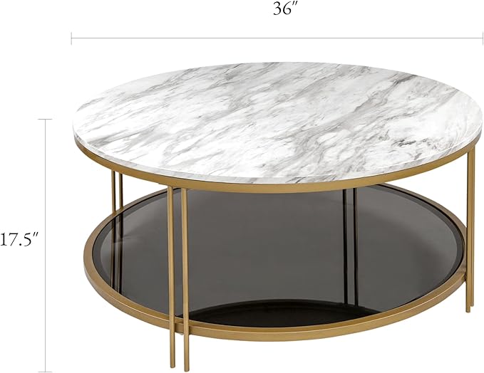 Modern Round Coffee Table with Faux Marble Top, Smoky Tempered Glass Shelf, Gold Metal Frame, 36" Living Room Center Table with Storage