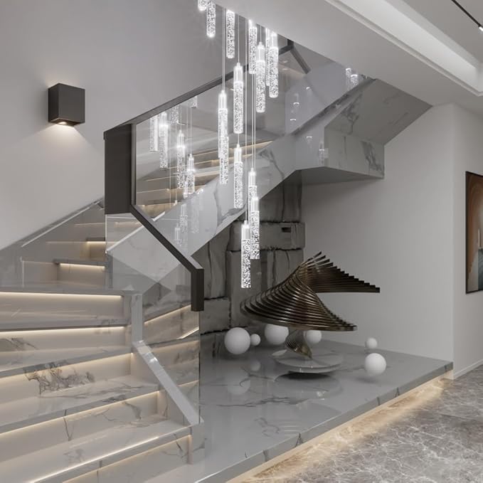 16-Light Silver Modern Crystal Raindrop Chandelier for Foyer Stair Well Entrance 118" Long Crystal Bubble Column Chandelier for High Ceiling Dimmable Lighting Fixtures