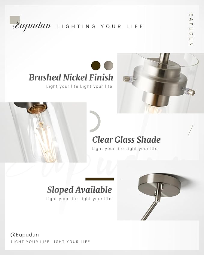 EAPUDUN Pendant Light (2 Packs), Kitchen Lights Ceiling Hanging, Kitchen Light Fixtures Brushed Nickel Finish, Farmhouse Pendant Lighting for Kitchen Island Room-PDA1353-B-BNK