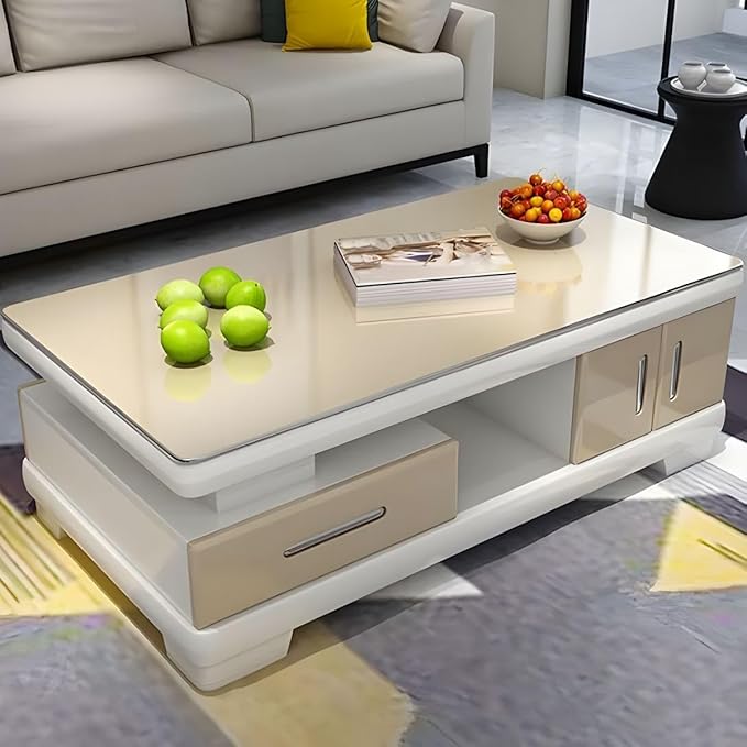 RUNNUP Modern Rectangular Glass Coffee Table with White Wood Base and Storage 2-Tier Coffee Table Accent Center Sofa Table for Living Room, Beige 39" L x 20" W x 17" H