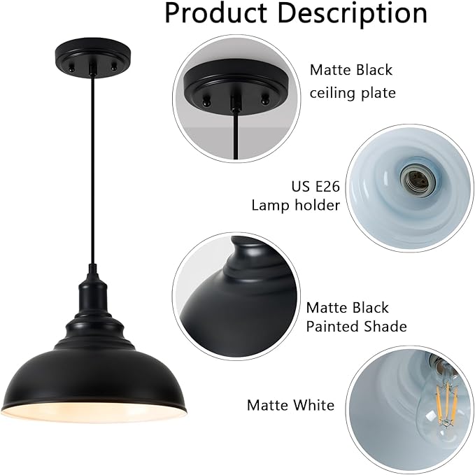 3-Pack Black Farmhouse Pendant Light Adjustable Pendant Lighting for Kitchen Island Industrial Hanging Barn Pendant Lights Over Island Sink Light Fixtures
