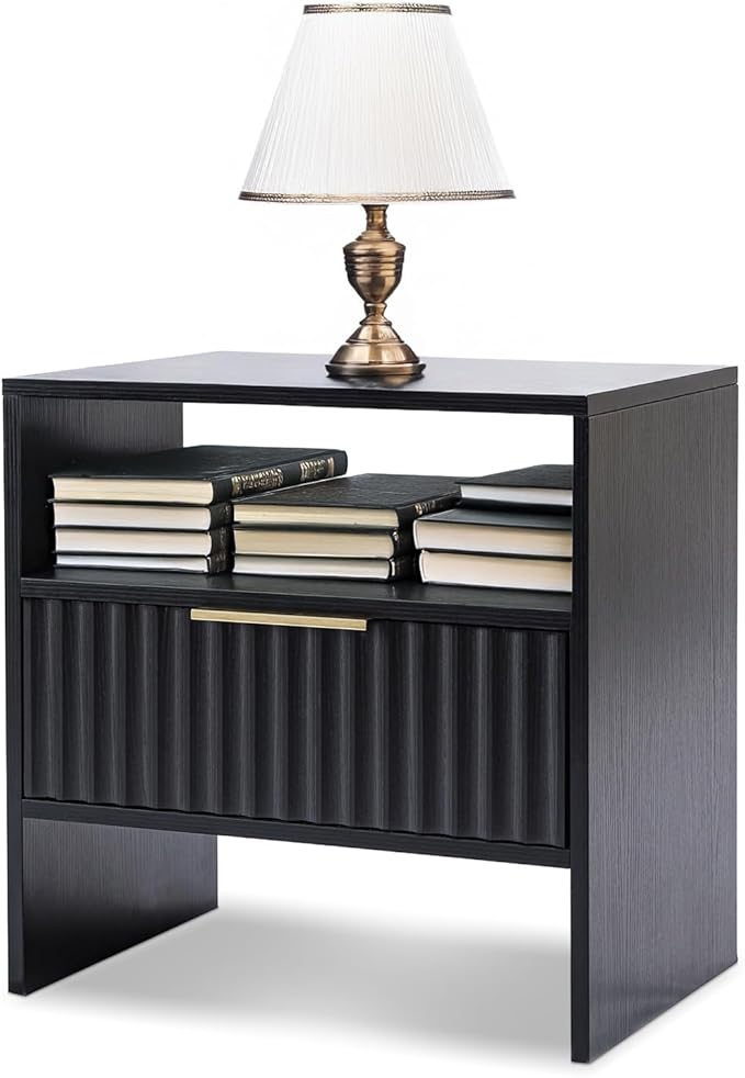 Night Stand with Drawer Open Storage Shlef Modern Badside Stand End Table Fluted Mid Century Nightstand for Bedroom Living Room Sofa Couch Home Office Black