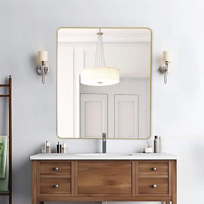 Mirrorons Gold Bathroom Mirror 36 x 30 Inch, Gold Wall Mirror, Bathroom Vanity Mirror with Rounded Corner, Shatterproof (Horizontal/Vertical)