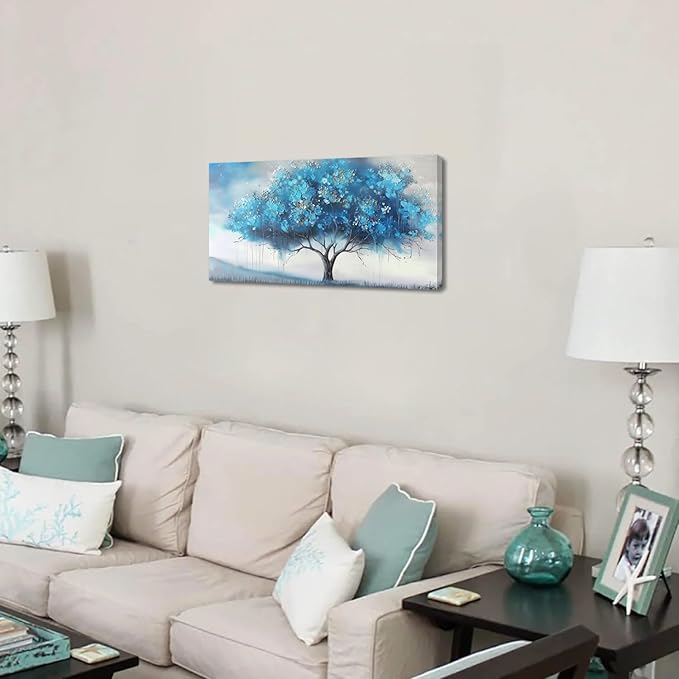 Blue Tree and White Petals Flowers Plants Wall Art Decor Artwork for Bedroom (20x40 Inches)