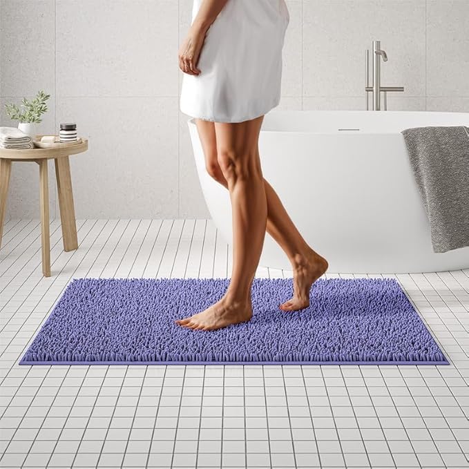 MAYSHINE Plush Shaggy Chenille Bath Mat | Extra Soft, Super Absorbent, Non-Slip Bathroom Rug | Fluffy Microfiber, Area Rug Sets for Bathroom Floor, Kitchen, Living Room | 47"x27" | Lavender