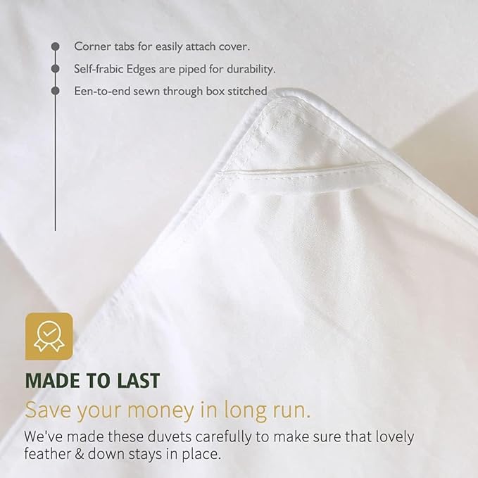 Organic Feather Down Comforter Oversized King Size, All Season Duvet Insert 100% Organic Cotton, Medium Warm Quilted Bed Comforter with Corner Tabs(120x98, White)