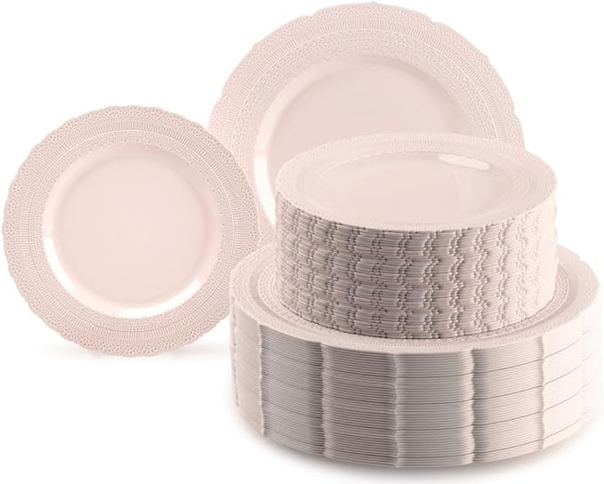 " OCCASIONS " 240 Plates Pack,(120 Guests) Extra Heavyweight Vintage Wedding Disposable/Reusable Plastic Plates 120x11'' Dinner+120 x 8.25'' Salad/Dessert Plate (Chateau Blush Pink)