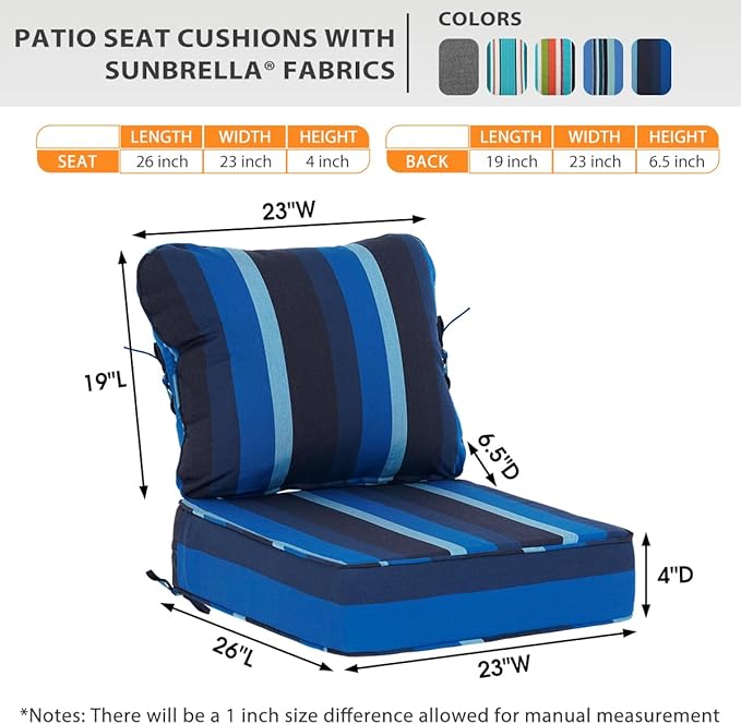 Sundale Outdoor Sunbrella Deep Seat Cushions, Patio Acrylic Sectional Sofa Couches Cushion and Pillow, Water-Resistant Furniture Replacement Cushions, 23 x 26 x 4 inches - Gateway Indigo