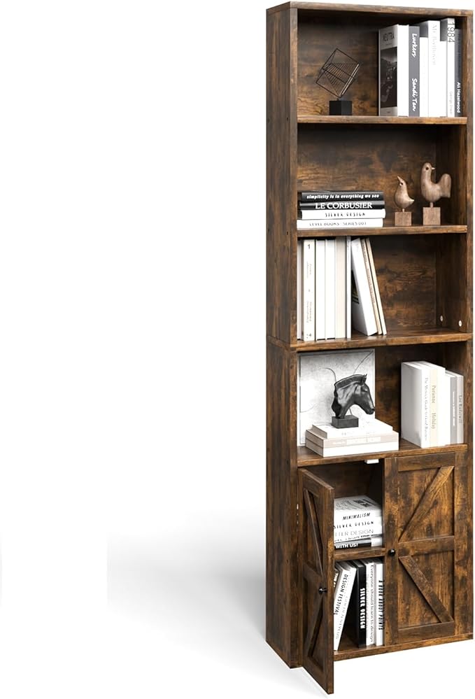 Tall Bookshelf, 6 Tier Floor Standing Bookcase with Two Hinged Doors, Storage Organizer Display Shelves, Modern Corner Bookshelf Storage Cabinet for Living Room, Office, Brown