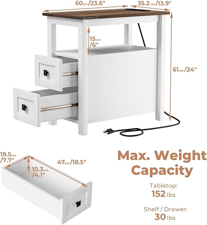Farmhouse End Table with Charging Station and 2 Storage Drawers, White Wood Nightstand Narrow, Skinny Side Table Rustic, Slim Bedside Table, Open Shelf, Small for Bedroom, Living Room, Sofa
