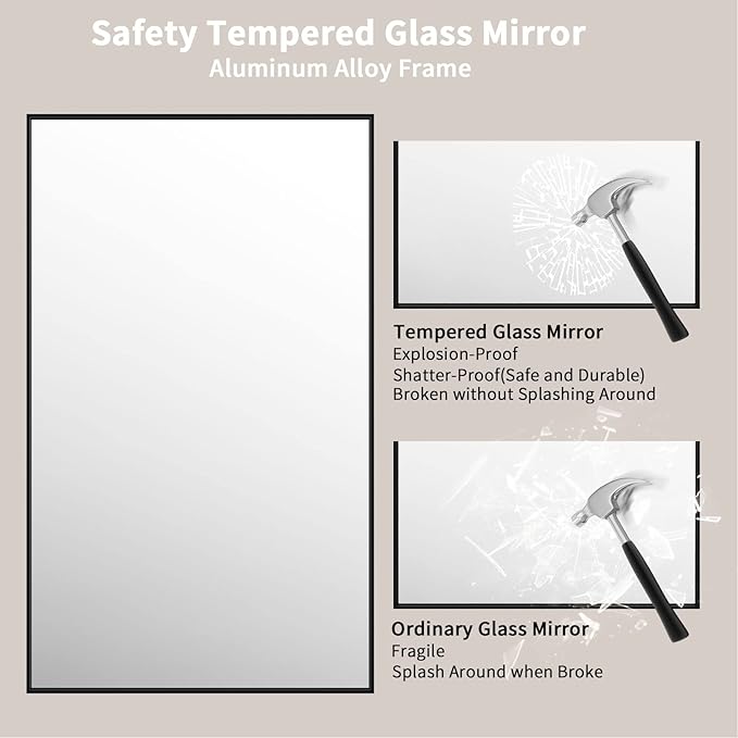 LOAAO 60"X36" Black Rectangle Bathroom Mirror Wall, Matte Black Aluminum Alloy Frame, Tempered Glass, Hangs Vertically or Horizontally, Easy to Install