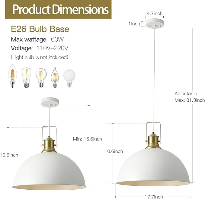 18 Inch White Farmhouse Pendant Lights for Kitchen Island Industrial Pendant Lighting Adjustable Height Vintage Dome Hanging Light Fixtures for Barn, Dining Room