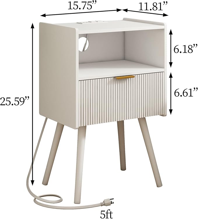 White Nightstand with Outlet,Modern Bedside Table with Storage Drawer and Open Wood Shelf, for Living Room, Bedroom and Small Spaces, Accent Night Stand with Solid Wood Legs, Easy Assembly