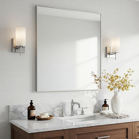 30x36 Inch Silver Bathroom Mirror - Copper-Free Mirror, Aluminum Alloy Frame Vanity Rectangle Wall Mounted Modern Mirror for Bedroom/Living Room/Porch Horizontal or Vertical