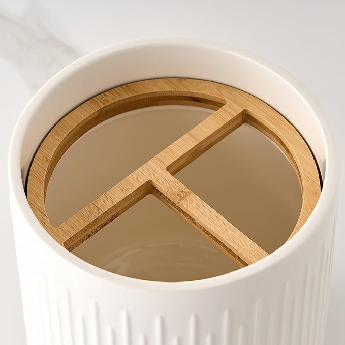 JIEMEI HOME Utensil Holder, 7.2" Large Ceramic Stable Utensil Crock for Kitchen Counter, Utensil Holder with Cork Mat, Removable Bamboo Divider for Easy, Kitchen Decor, White