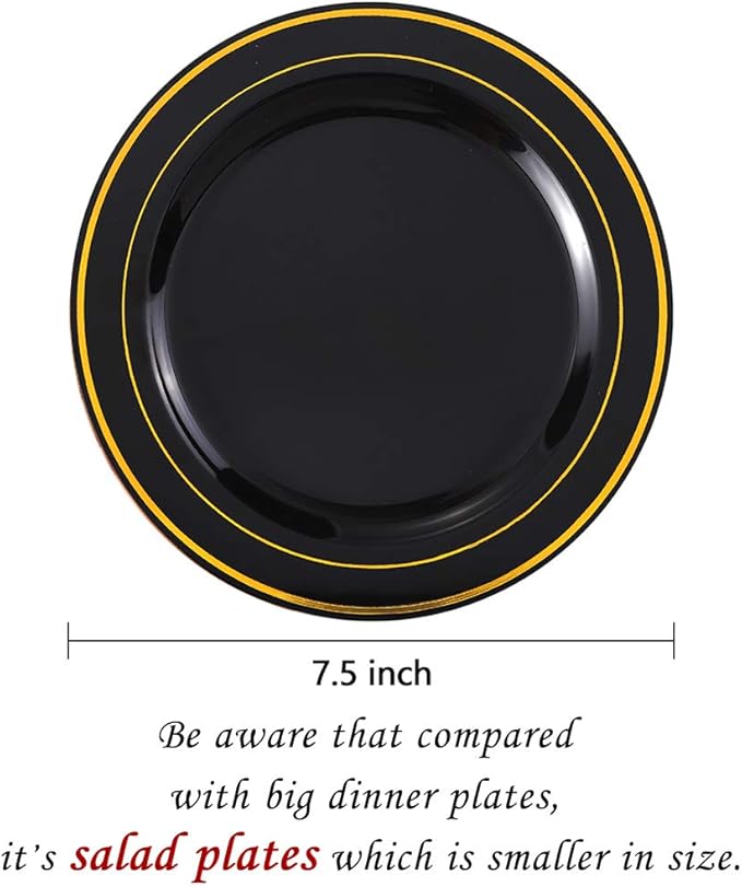 bUCLA 100 Pieces Black and Gold Plastic Dessert Plates - 7.5inch Disposable Salad/Appetizer Plates - Ideal for Party, Graduation & Fathers Day
