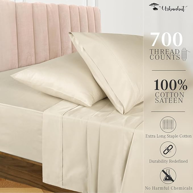 URBANHUT 700 Thread Count California King Sheet Set Egyptian Cotton Sheets, 4Pc Sheet Set Soft Luxury Bed Sheets for Cal King Size Bed, Sateen Weave Hotel Sheets, 16'' Elasticized Deep Pocket - Ivory
