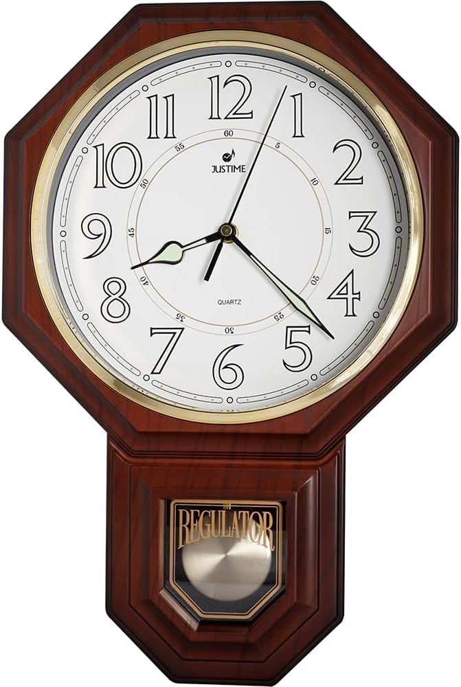 JUSTIME Traditional Schoolhouse Luminious Arabic Regulator Wall Clock, Chiming Wall Clocks with Pendulum & Westminster Chime Hourly, Schoolhouse Wall Decor Battery Operated (Dark Wood Grain)