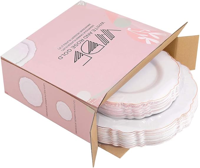 WDF 60pcs Rose Gold Plastic Plates-Baroque White &Rose Gold Disposable Plates including 30Plastic Dinner Plates 10.25inch, 30 Salad Plates 7.5inch for Wedding & Parties