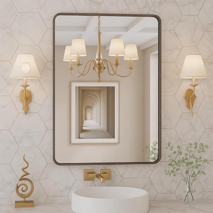 Bronze 22x30 Inch Metal Framed Mirror for Wall, Large Rounded Rectangle Mirror, Anti-Rust, Tempered Glass, Hangs Horizontally or Vertically