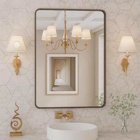Bronze 22x30 Inch Metal Framed Mirror for Wall, Large Rounded Rectangle Mirror, Anti-Rust, Tempered Glass, Hangs Horizontally or Vertically
