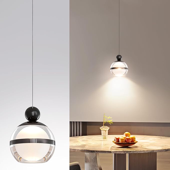 Modern Black LED Pendant Light, 1-Light Acrylic Globe Ceiling Hanging Kitchen Light Fixtures, Pendant Lights Kitchen Island for Dining Room Bar Living Room Bedroom Bathroom