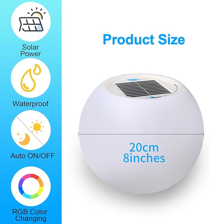 8-Inch Rechargeable LED Orb Light – 16 Color Glow Sphere, 4 Modes, Waterproof Ambient Lighting Ball, Solar & USB Charging Glowing Orb for Indoor, Outdoor, Pool, Room, and Patio Decor