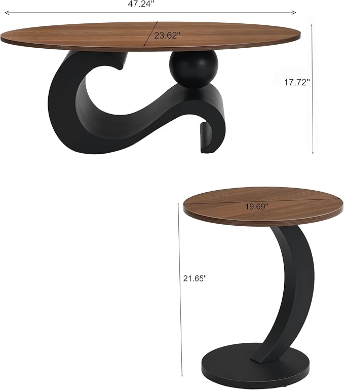 Marble Nesting Coffee Table Set of 2,Modern Oval Center Tea Table and Round Side Nightstand Set w/Wood Tabletop and Metal Frame for Living Room Accent Furniture