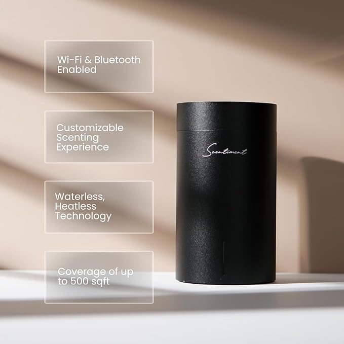 Diffuser Mini 2 - Cold Air Scent Diffuser for Home, Covers 500 Sq Ft, No Water or Heat, Rechargeable Battery, Safe for Pets & Kids, Adjustable Intensity, WiFi & Bluetooth - Black