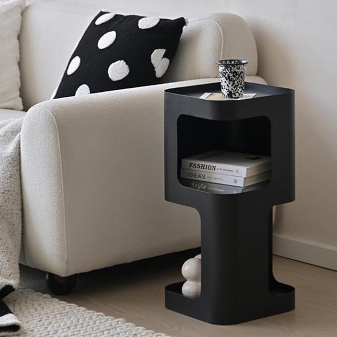 Modern Side Table,Small end Table for Small Spaces,Metal nightstand with Storage Shelf,Space-Saving Bedside Table Accent Table Drink Tables for Living Room,Bedroom.No Assembly Required (Black)