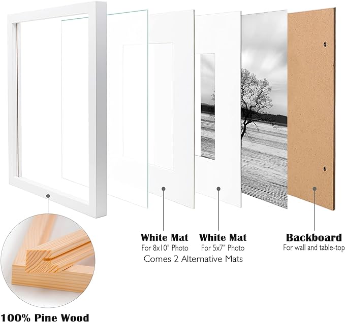 Egofine 11x14 Picture Frames Made of Solid Wood 6 PCS White Covered by Plexiglass - for Table Top and Wall Mounting for Pictures 8x10 or 5x7 with Mat Horizontally or Vertically Display Photo Frame