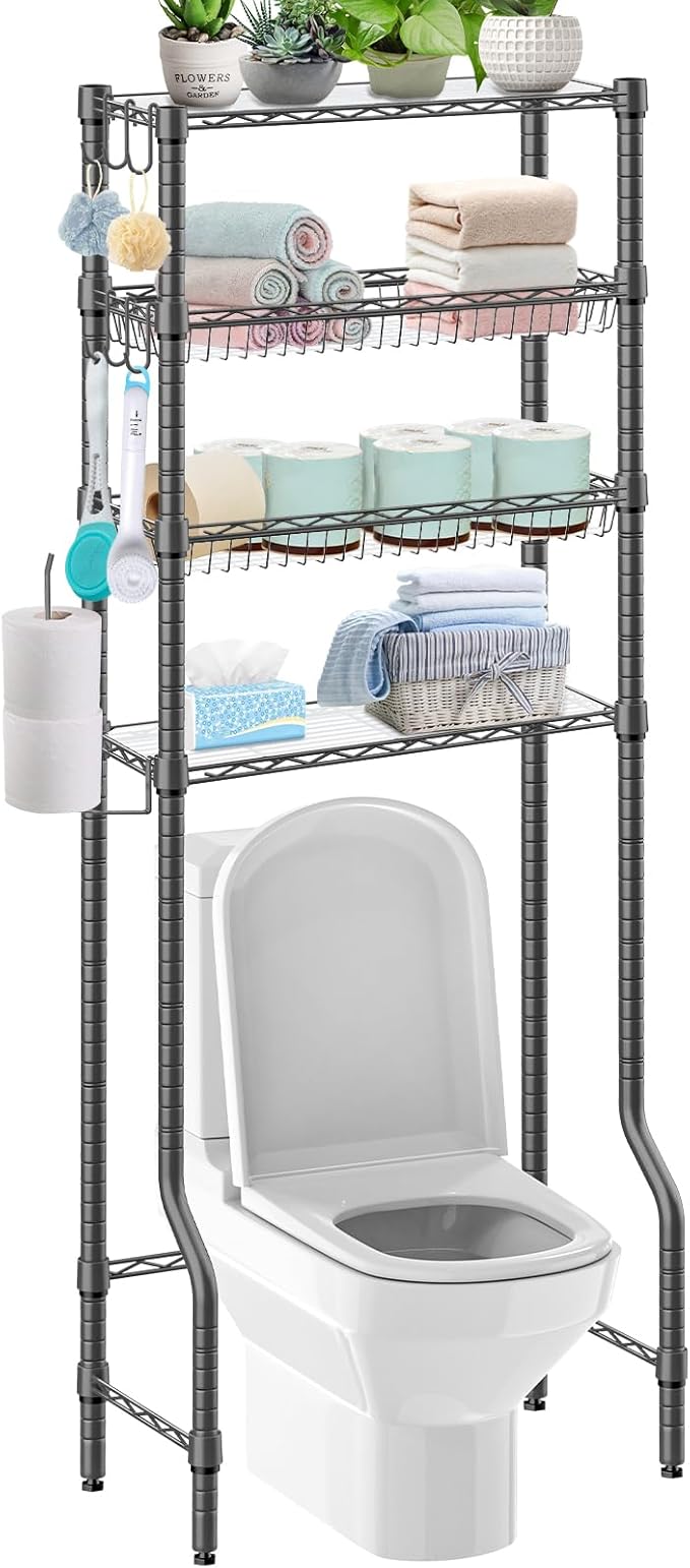 Over The Toilet Storage, 4-Tier Over Toilet Shelf Organizer Metal Storage Rack Freestanding Bathroom Space Saver with Adjustable Shelves and Baskets, Gray