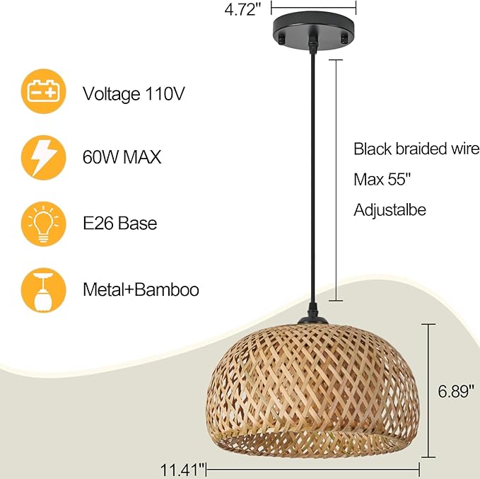 TERLEENART Bamboo Pendant Light,1pcs Boho Round Basket Chandelier Handmade Woven Pendant Light, Natural Bamboo Rattan Hanging Chandelier for Kitchen Island Dining Room Living Room Porch