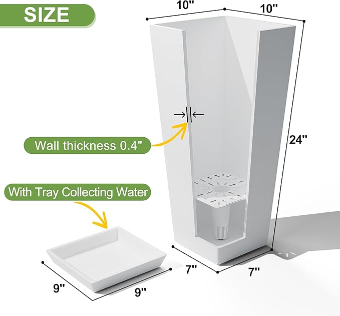 Elevens Set of 2 Tall Outdoor Planters 24 Inch, Large Planters for Indoor Outdoor Plants, Tapered Square Flower Pots with Tray for Patio,White