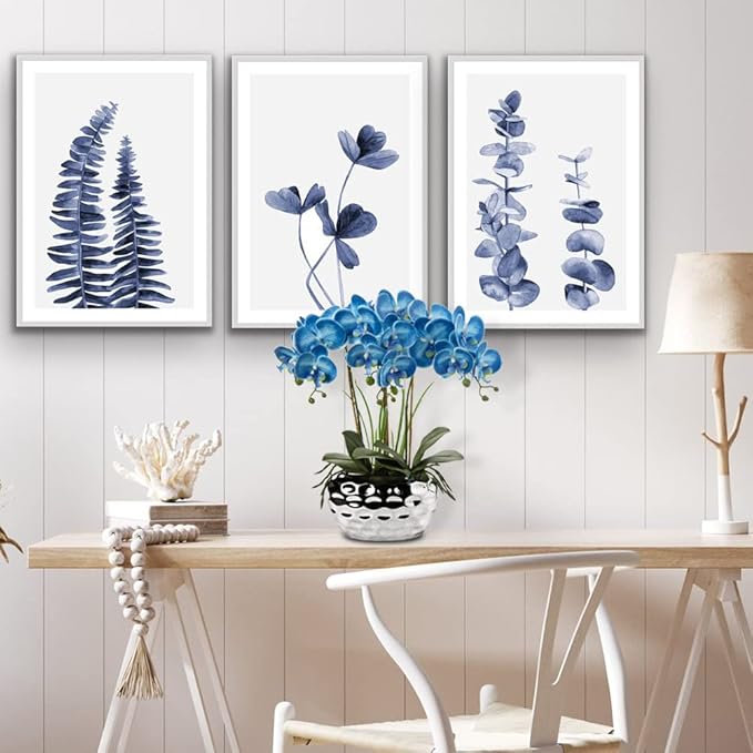 Briful Orchids Artificial Flowers 18" Blue Phalaenopsis Large Orchid with Silver Ceramic Pots Fake Orchid Flower for Home Office Bathroom Living Room Table Decoration