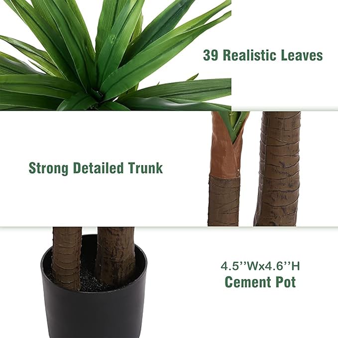 Dracaena Indoor Plant 4ft Tall Faux Plants Indoor Large Fake Plants Potted Yucca Tree Tropical Floor Plant Artificial Silk Palm Trees for Home Office Decor Housewarming Gift