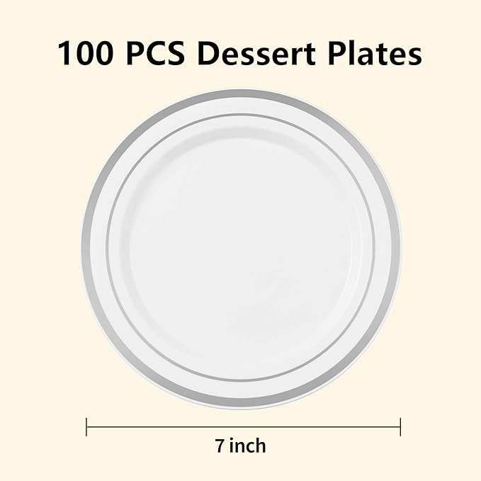 100PCS White Plastic Plates for Party, 7 Inch Heavy Duty Dinner Plates with Silver Rim, Disposable Plates for Wedding and Birthday