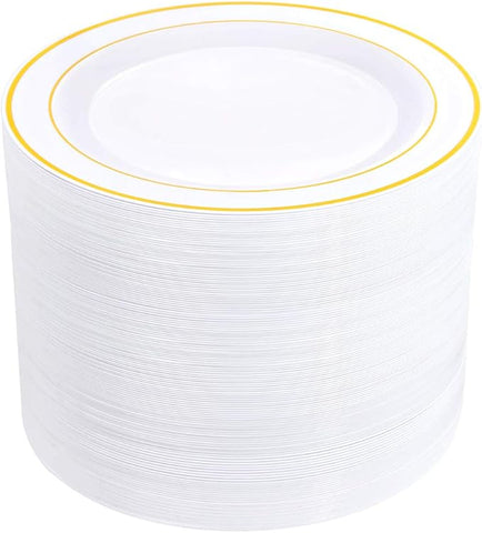 bUCLA 100Pieces Gold Plastic Dinner Plates - 10.25inch White and Gold Plates Disposable for Party - Ideal for Wedding & Daily Use
