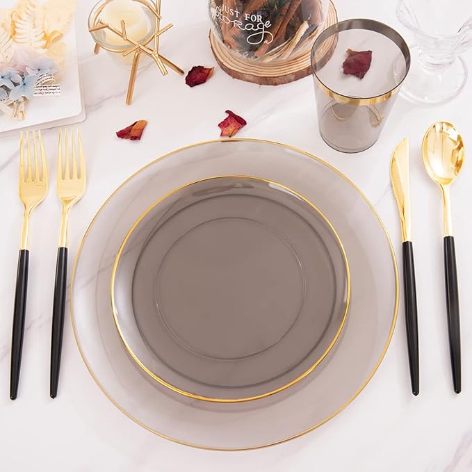 Supernal 180pcs Black Plastic Dinnerware Set Include Gold and Black Plates,Clear Disposable Plates,Gold Plastic Silverware，Clear Cups Suit for Party, Birthday