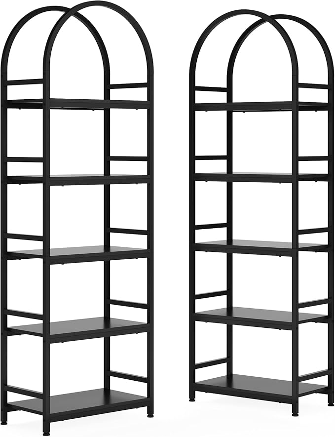 Tribesigns 5-Tier Open Bookshelf Set of 2, 74.4" Wood Bookcase Storage Shelves with Metal Frame, Freestanding Display Rack Tall Shelving Unit for Office, Bedroom, Living Room (Black, 2PCS)