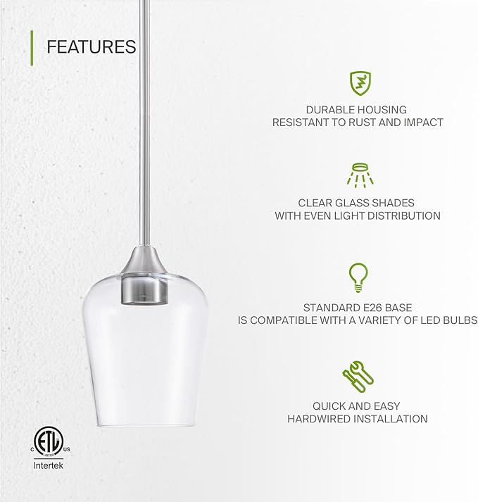 ASD Single Mini-Pendant Ceiling Light Fixture | 60W E26 Socket 120V | Dimmable, LED/CFL/Incandescent Bulbs Compatible, ETL Listed | Hanging Kitchen Island Lighting, Clear Drop Lamp | Nickel