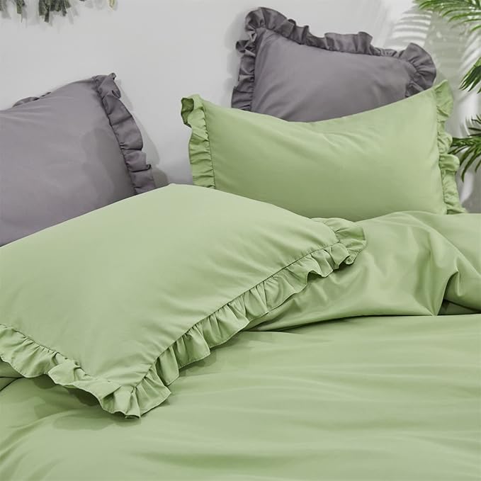 CLOTHKNOW Green Ruffles Full Size Comforter Sets Farmhouse Bedding Comforter Sets Soft Shabby Chic Comforter with 2 x Pillow Cases