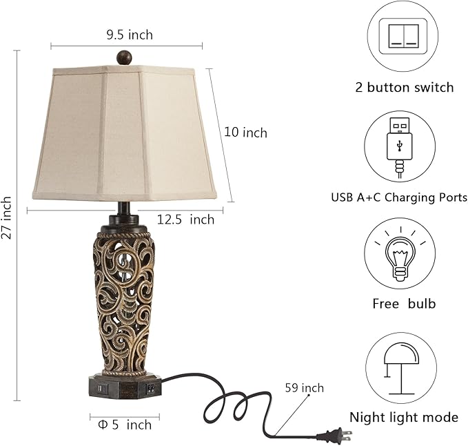 27" Set of 2 Farmhouse Table Lamps for Living Room with USB A+C Ports, Vintage Nightstand Bedroom Lamp and Nightlight, Hollow Out Resin Desk Lamps, 2 Bulbs Include