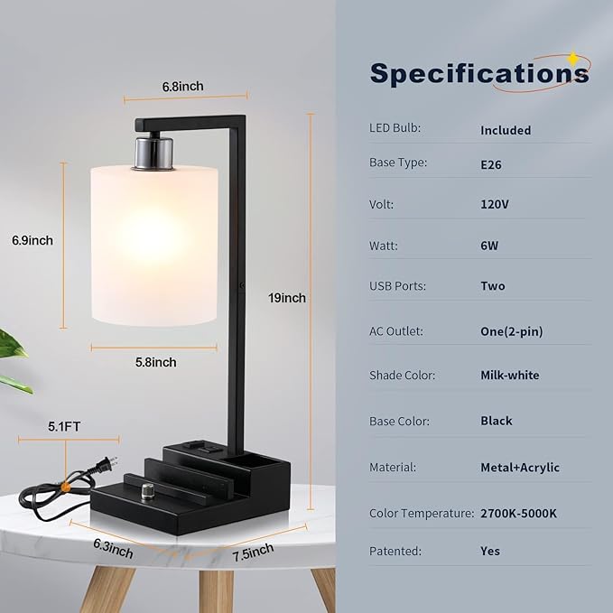 Dimmable Bedside Table Lamp with Dual USB Ports & AC Outlet, Adjustable Brightness & Color Temperature, Phone Holder & Pen Slot Organizer Base, End Table Lamp for Living Room Bedroom Home Office