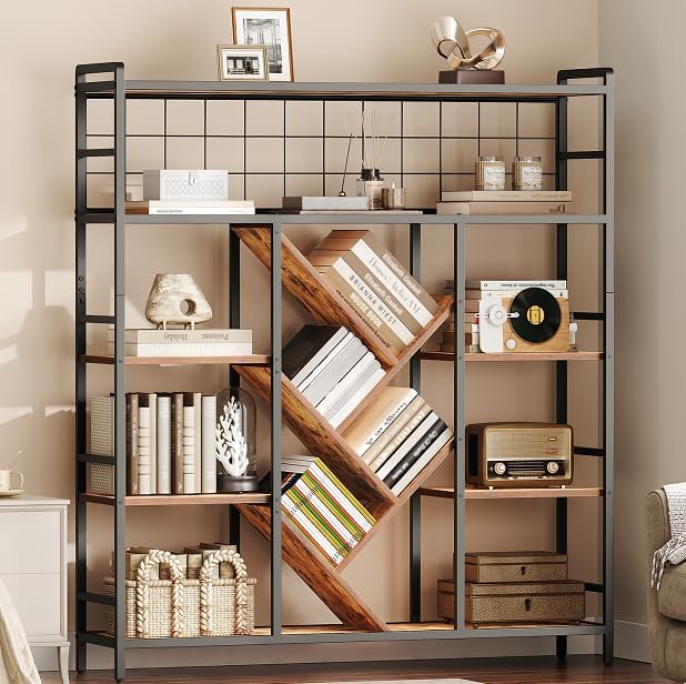 Triple 5-Tier Bookshelf, Industrial Large Bookcase with 14 Open Display Shelves, Modern Tree Bookcase with Metal Frame and Hanging Function for Living Room, Home Office, Rustic Brown and Black