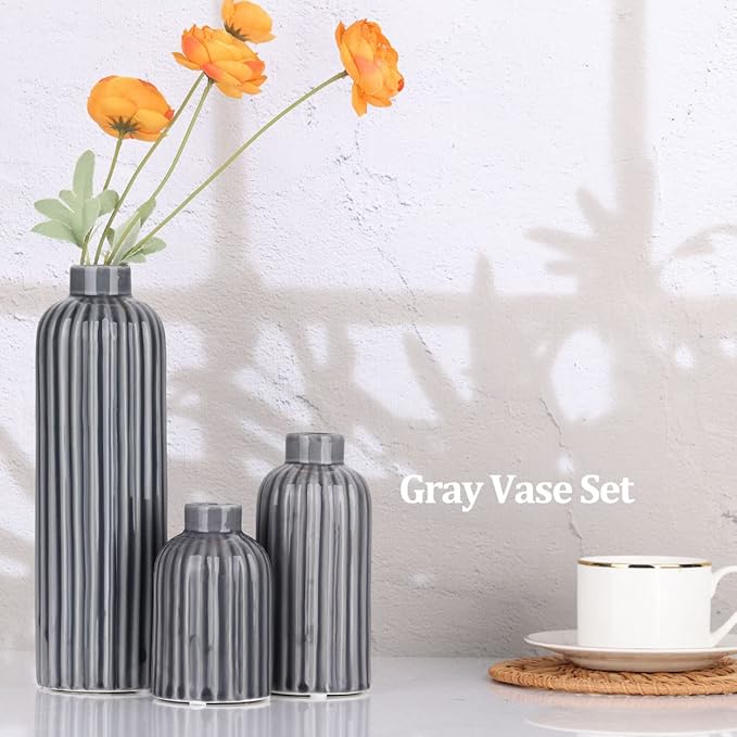 Gray Ribbed Ceramic Vase Set, 3 Gray Small Vase, 3 Piece Set of Glazed Decorative Grey Vases, Living Room, Table, Fireplace Mantel, Kitchen, Bathroom, Mantle Farmhouse Decor Small Vase