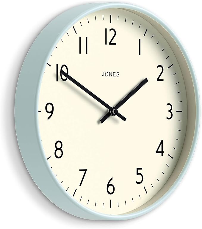 JONES CLOCKS® Studio Wall Clock | Modern Round Clock | 12 inch | Pale Blue | Easy to Read Numbers | Versatile Design for Kitchen, Living Room or Office