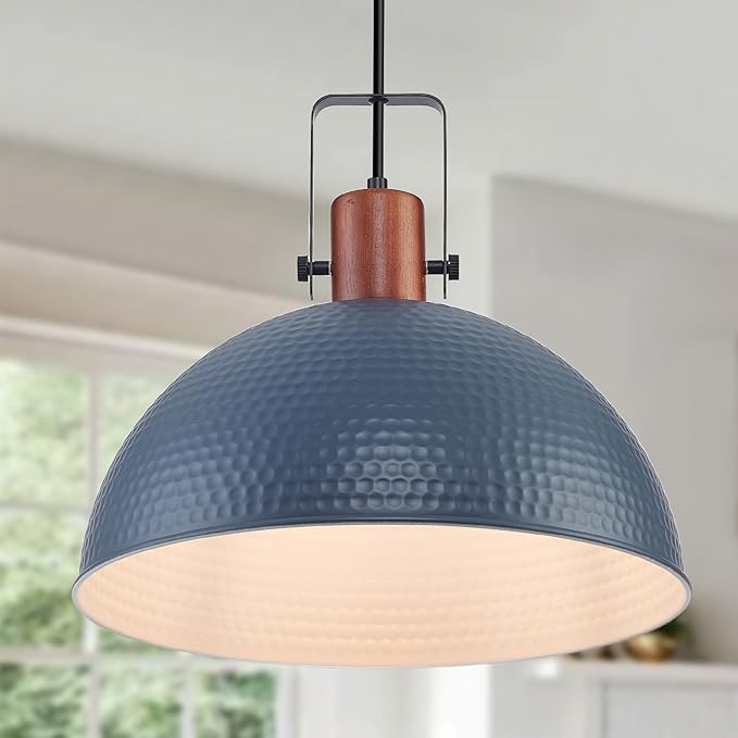 16 Inch Blue Pendant Lights Hammered Matte Pendant Lights for Kitchen Island Industrial Farmhouse Adjustable Height Dome Hanging Light Fixtures for Barn, Dining Room 2 Packs