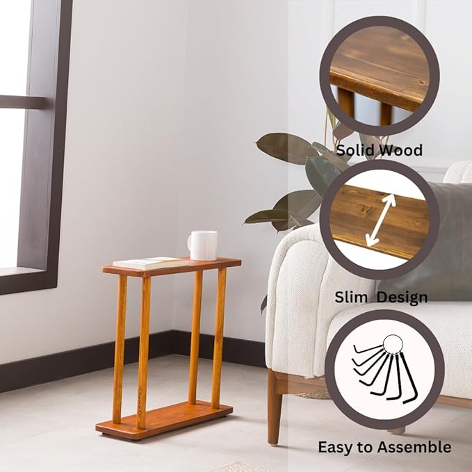 Rectangular Solid Pine Wood Narrow Side Table, Skinny Bedside Table, Small End Table (Chestnut, Medium)